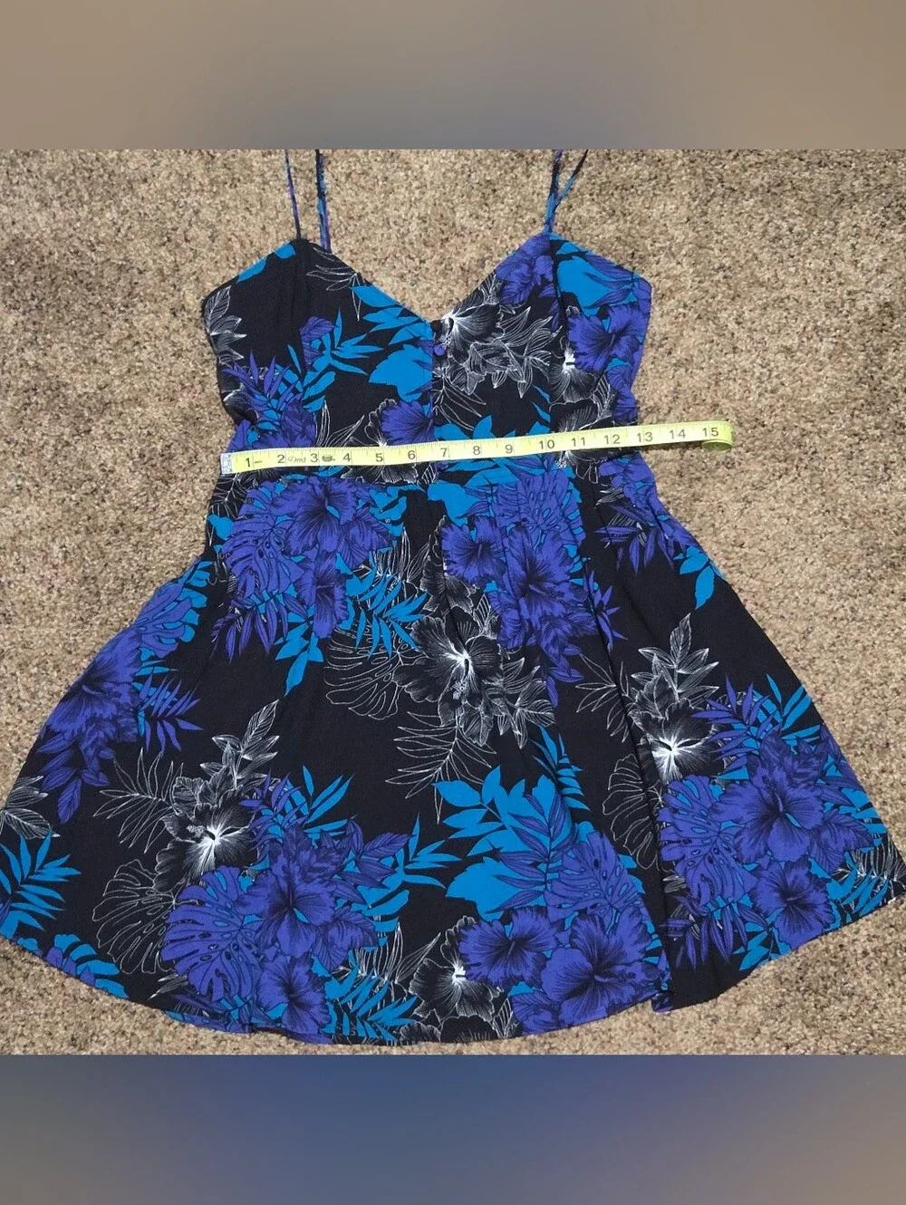 Express Womens Black Blue Purple Floral Tropical Print Mini Dress Pockets Sz XS